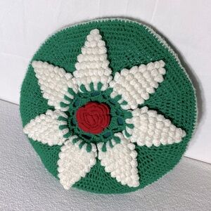 Vintage Handmade Green White Crochet Flower Pillow W Red Rose Centre Accent
